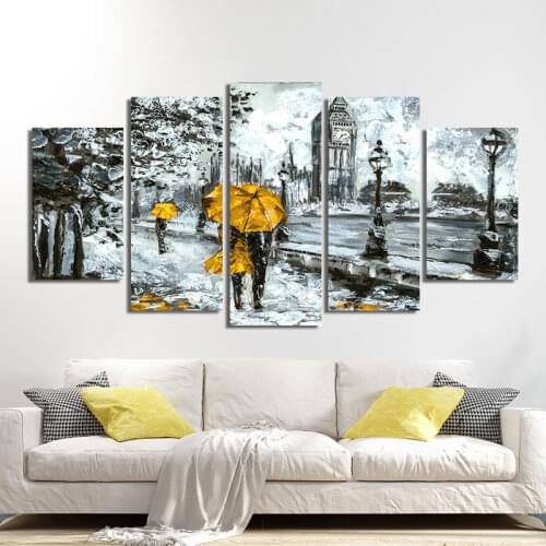 Modern Abstrac Yellow Umbrella Big Ben Walking Couple Poster And Print On Canvas Wall Art Painting Pictures 5pcs Set Home Decor