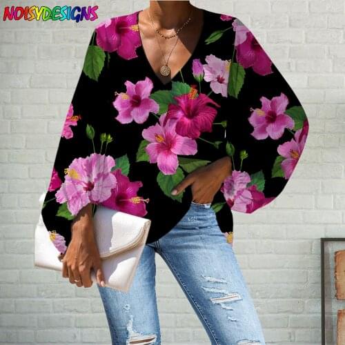 WHEREISART Womens Loose T Shirt Ladies Tops Tropical Hibiscus Flower Printed Long Sleeve Shirt Women Plus Size Pullover Shirt
