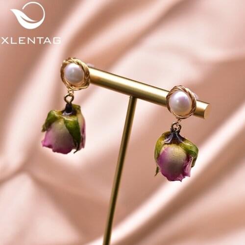 XlentAg Vintage Natural Pink Purple Rose Dangle Women Earrings Boho Wedding Gifts Fine Pearls Jewerly Original Designer GE0930A