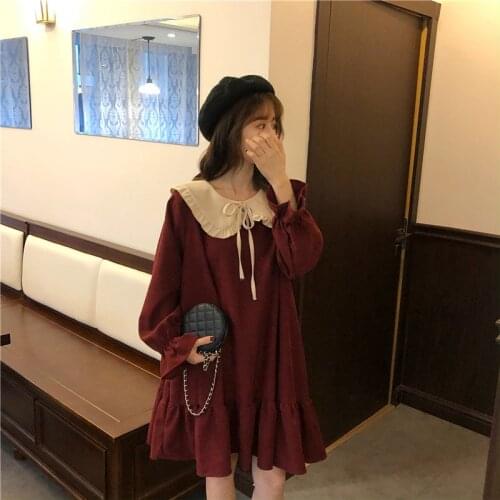 Japanese Harajuku Kawaii Loose Straight Doll Dress Vintage College Style Sweet Peter Pan Collar Bow Cute Petal Full Sleeve Dress