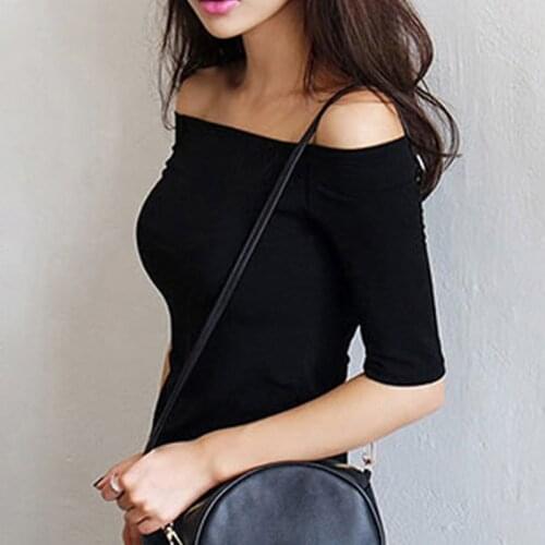 Women Summer T-shirts Half Sleeves Sexy Off Shoulder Tee Shirt Pullover Slim Fit Casual Cotton Female Tops Black