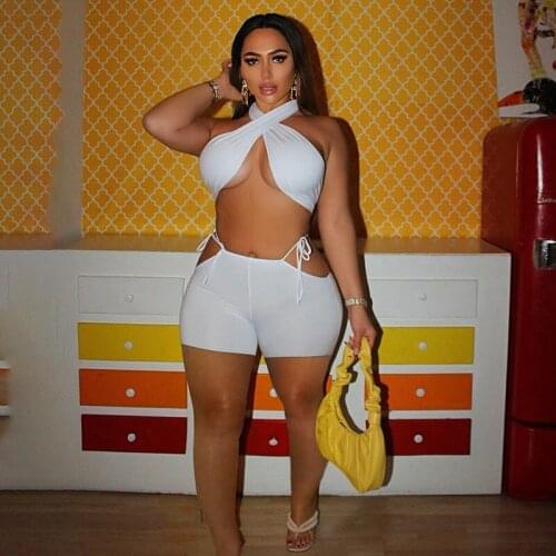 Puloru Sexy Women Summer Vest and Shorts Suits Solid Color Cross Halter Neck Crop Tops+Tied Hollow-Out Shorts Two-piece 3 Colors