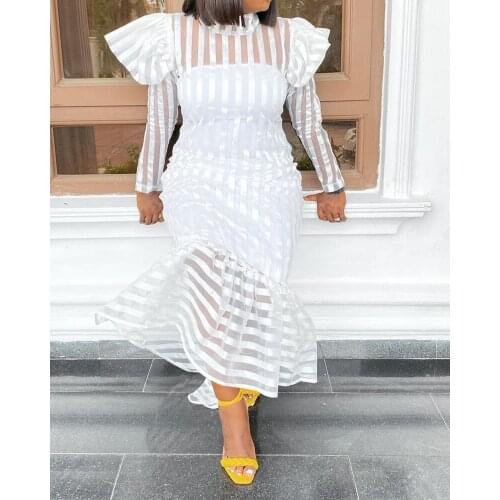 RMSFE 2021 Ladies Pure White Fashion Long Sleeve Round Neck Stripe Large Bubble Sleeve Temperament Commuter Dress