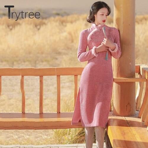 Trytree 2021 Winter Womens Dress Casual Thick Cheongsam Plush Collar and Sleeve Elegant Split Hem Sheath Chinese Style Dress