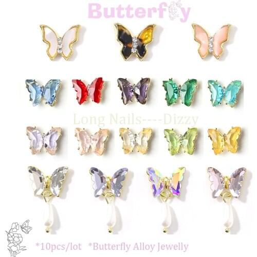 10Pcs Crystal Butterfly Diamond Summer AB Pendants Rhinestones Cat-EYE Resin Aurora Manicure Nail ART Butterfly Decorations JF4S