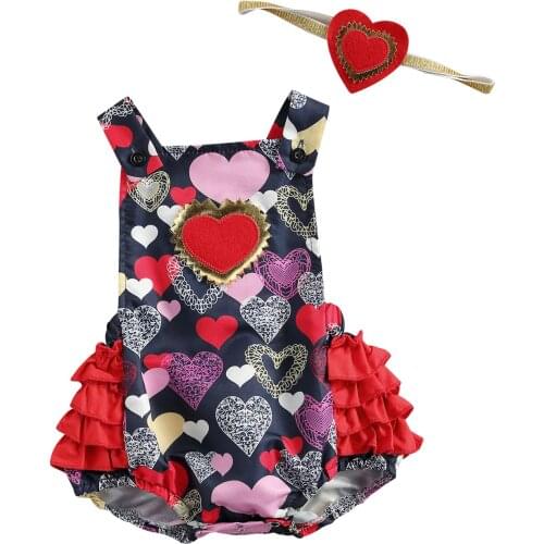 2021 Baby Summer Clothing Baby Girls Valentine Day Outfits, Love Heart Print Ruffle Bodysuit with Headband Set