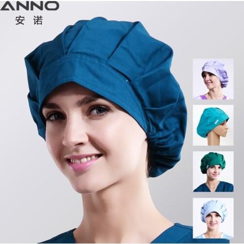 ANNO Solid Color Scrubs Caps Women Hospital Doctor Nurse Work Hats Bouffant Nursing Cap with Sweatband Long Hair Head Dress