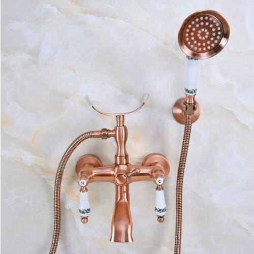 Antique Red Copper Brass Double Ceramic Handles Wall Mounted Bathroom Clawfoot Bathtub Tub Faucet Mixer Tap w/Hand Shower ana376
