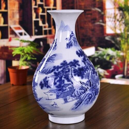 Home decoration Jingdezhen Ceramic Vase Blue and White Porcelain Landscape Modern Living Room Simple Decoration Crafts Creative