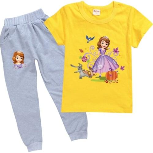 Disney Princess Sofia T Kids T Shirts Summer Cotton Short-sleeved T-Shirt + Trousers Children Suit Boys Girls Outdoor Sportswear