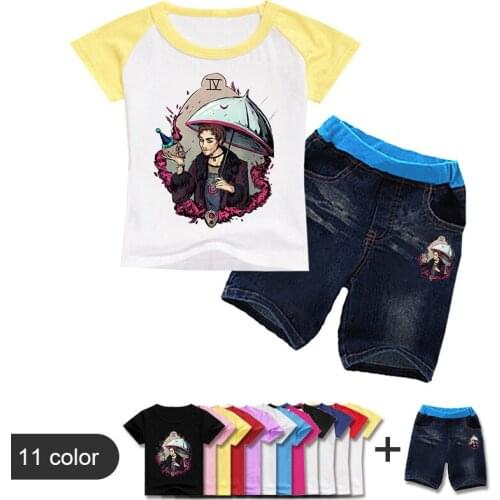 2-12year Boys Summer The UMBRELLA ACADEMY Girls Cotton Short SleeveT Shirt and Denim Shorts 2pcs Sets Kids Cloth