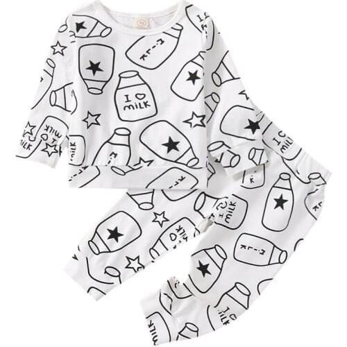 2021 0-24M Infant Baby Boy Girl Clothes Set Milk Bottle Print Long Sleeve Round Neck Top+Harem Pants Tracksuit Fall Casual 2pcs