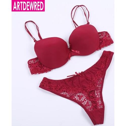 ARTDEWRED Sexy Bra Set 8 Colors Push Up Solid 34-44 ABC Bra Women Deep V Lace Underwire Outfit Sexy Bra Hollow out Thong Suits