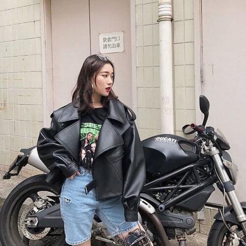 High quality Faux PU Leather Jacket Women High waist Short Loose Big pocket Biker Jacket Streetwear Spring Casual Abrigo Mujer