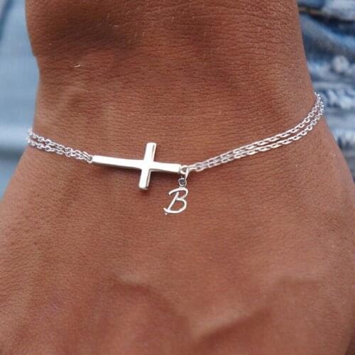 Small horizontal cross bracelet with initials-stainless steel, yellow gold, white gold or rose gold-double chain