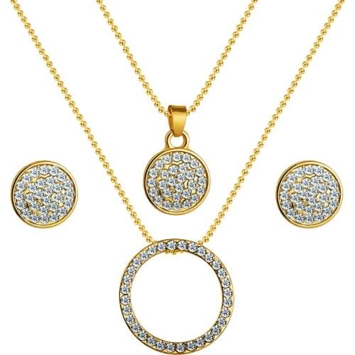 MISANANRYNE Vintage Gold Color Jewelry Set Austrian Crystal Classic Hollow Round Necklace Pendant Earrings Set