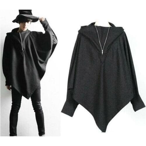 Mens Loose Sleeve Hooded Black Casual Coat Cloak Casual Poncho Hoodies Sweatshirt Outwear