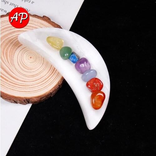 Natural crystal White gypsum stone Moon shape Seven chakra gem healing crystal Plaster stone baseGift box ornaments