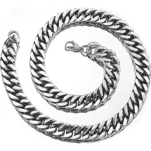 Charming 15mm Wide Metal Stainless Steel Silver Color Cuban Curb Double Chain Mens Womens Necklace Or Bracelet Unisexs Jewelry