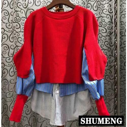 Autumn New Fashion Loose Sweater Shirt Large Size Korean Plaid Striped Patchwork Womens Knitted Sweater Pullovers Jumper