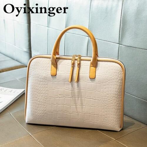 OYIXINGER New Luxury Crocodile Pattern Women Briefcase Genuine Leather Handbag Ladies High Quality Briefcase For 13" 14" Laptop