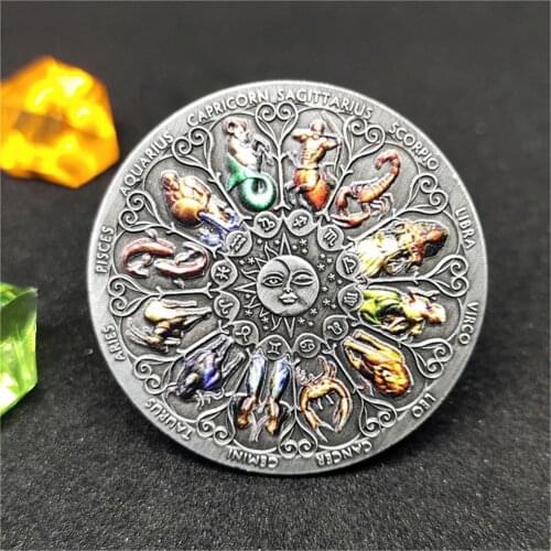 Twelve Constellation Commemorative Coins Goddess Of Fortune Guardian Coins Tuvalu Zodiac Constellation Colorful Souvenir Coins