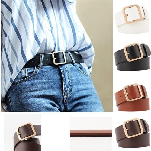 Leather Waist Strap Belt Women Black White Pink High Quality Gold Square Pin Metal Buckle Belts Female Belts For Jeans Waistband