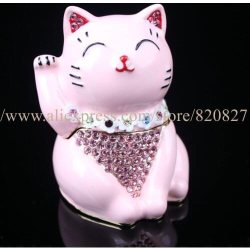 Hinged Jeweled Trinket Box Cute Japan Lucky Cat Jewelry Earring Holder Box Kitty Cat Jewel Studded Jewelry/Trinket Box Figurine
