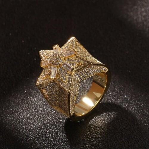 Hip Hop Mens Gold Color Five-pointed Star Zircon Ring Star Shape Ring Ice Out Cuban Jewelry Hip Hop For Men