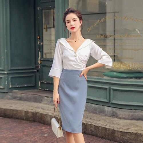 Pearls Buttons White Satin Blouse + High Waist Knee-Length Skirt Set Two Piece Tracksuit Elegant Outfits Office Lady Split C929