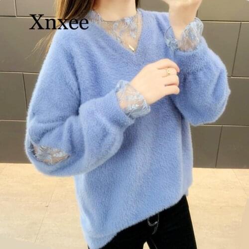 Women Sweater V-neck Pillover Warm Autumn Winter Solid Sweater Hollow Lace Korean Minimalism Sweaters Wool White blue elegant