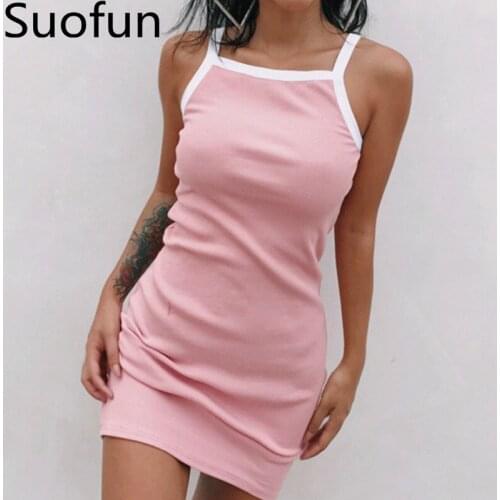 Suofun Casual Pencil Solid Color 2021 New Fashion Suspender Sexy Hip Wrap Spaghetti Strap Womens Summer Mini Dress