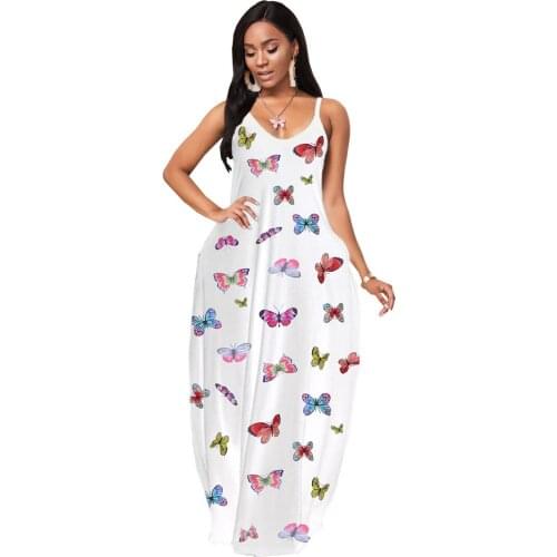 Female Fashion Butterfly Pattern Digital Printing Beach Dress Womens Sleeveless Dress