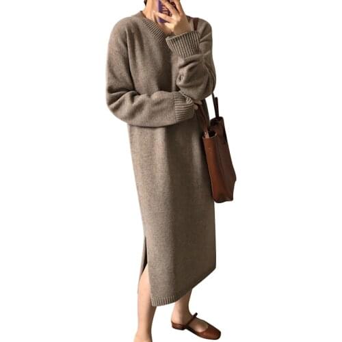 V-Neck Sweater Dress Women Autumn Winter Long Sleeve Split Knitted Pull Dress Long Maxi Dress Vestidos Mujer Black Sweater Dress