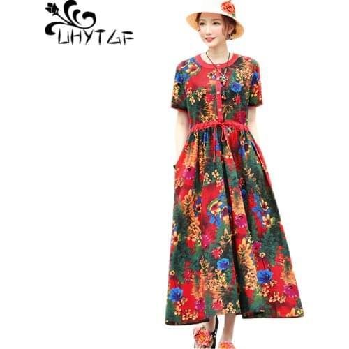 UHYTGF Vintage printing summer dress women fashion short sleeve cotton linen comfortable plus size dresses beach long dress 1137