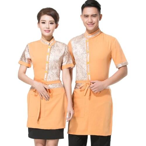 2017 Summer Short Sleeve Hotel Uniforms Men & Women Cheap Working Clothes Hot Pot Restaurant Apron+Top Sets KTV Waiter Workwear