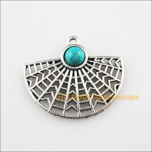 8Pcs Tibetan Silver Color Blue Stone Fan Spider Web Charms Pendants 26x30mm