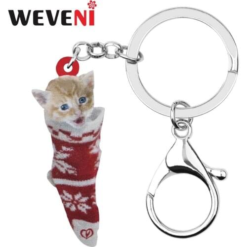 WEVENI Acrylic Christmas Sock Short-haired Cat Kitten Key chains Key Ring Bag Car Purse Decoration Keychain For Women Girls Gift