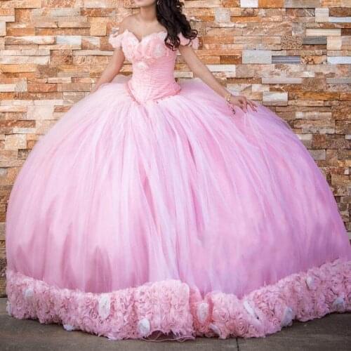 2020 vestidos de 15 anos Princess Ball Gown Quinceanera Dresses Puffy Skirt 3D Floral Applique Off Shoulder Pageant Dress