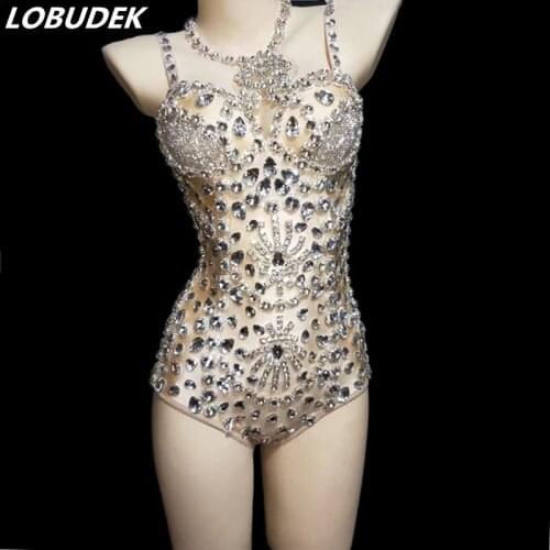 Silver Glass Diamond Sleeveless Bodysuit Flashing Rhinestones Catsuit Women DJ Singer Sexy Nightclub Party Show Stage DS Costume