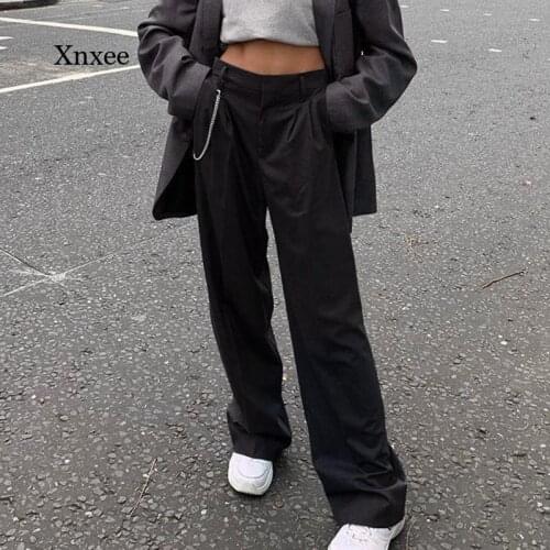 Summer Womens Fashion Trousers Wide-Leg Office Ladies Loose and Thin Straight Buckle Casual Suit Pants Women