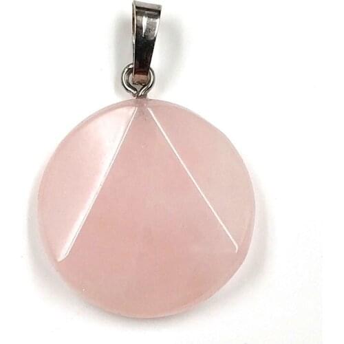 FYJS Unique Silver Plated Round Cabochon Geometric Natural Rose Pink Quartz Pendant for Women Jewelry