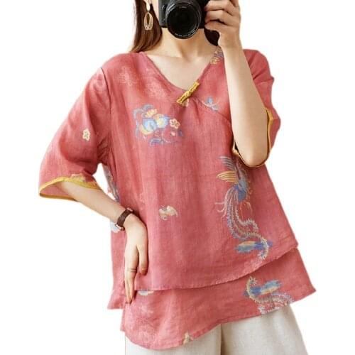 Chinese Vintage Women Blouse Traditional Clothing Print Hanfu Tops 2021 Summer Blusas New Elegant Loose Female Shirt Ropa V2101