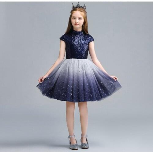 Flower Girl Dress Illusion Short Luxury Black O-Neck Princess Sequined Knee-Length Tulle Lace Elegant Cute Kids Party Gown H148
