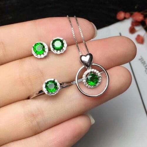 Fashion Lovely round Natural green diopside Pendant ring earrings Natural Gemstone Jewelry Set S925 Silver Women gift jewelry