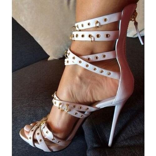 Fashion style hole cut-outs high heel sandals white open toe metai circle stiletto heels summer gladiator sandals size 35to 42
