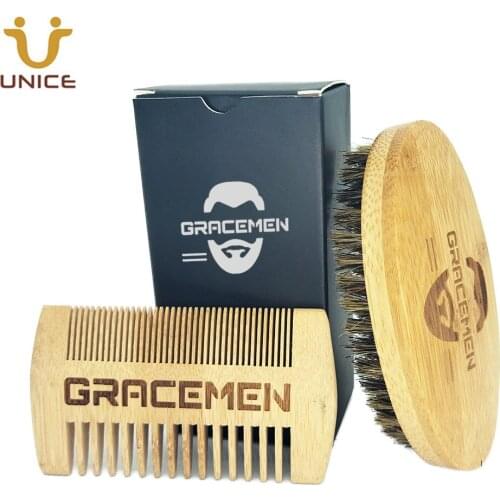 MOQ 100 Set Personalized LOGO Men Beard Care Kit for Face / Head Hair Mustache Bamboo Brush and Comb Sets With Custom Black Box
