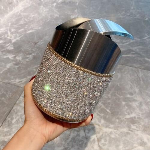 Desktop Trash Can Diamond Metal Storage Bins with Lid Swingable Household Office Desk Bedroom Car Sundries Storage Bucket Small