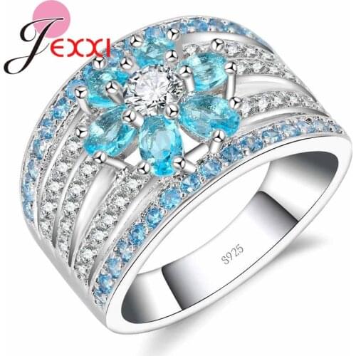 Delicate Flower Design Sky Blue rhinestone 925 Silver Fashion Jewelry Wedding # Anniversary Rings Size #6#7#8#9#10