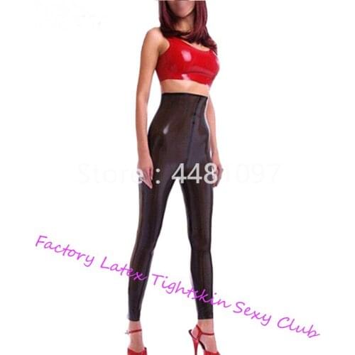 Sexy Latex Women Short Top&High Waist Pants Black with Red Rubber Tank for Females Plus Size Latex Body Suit Zentai Fetish